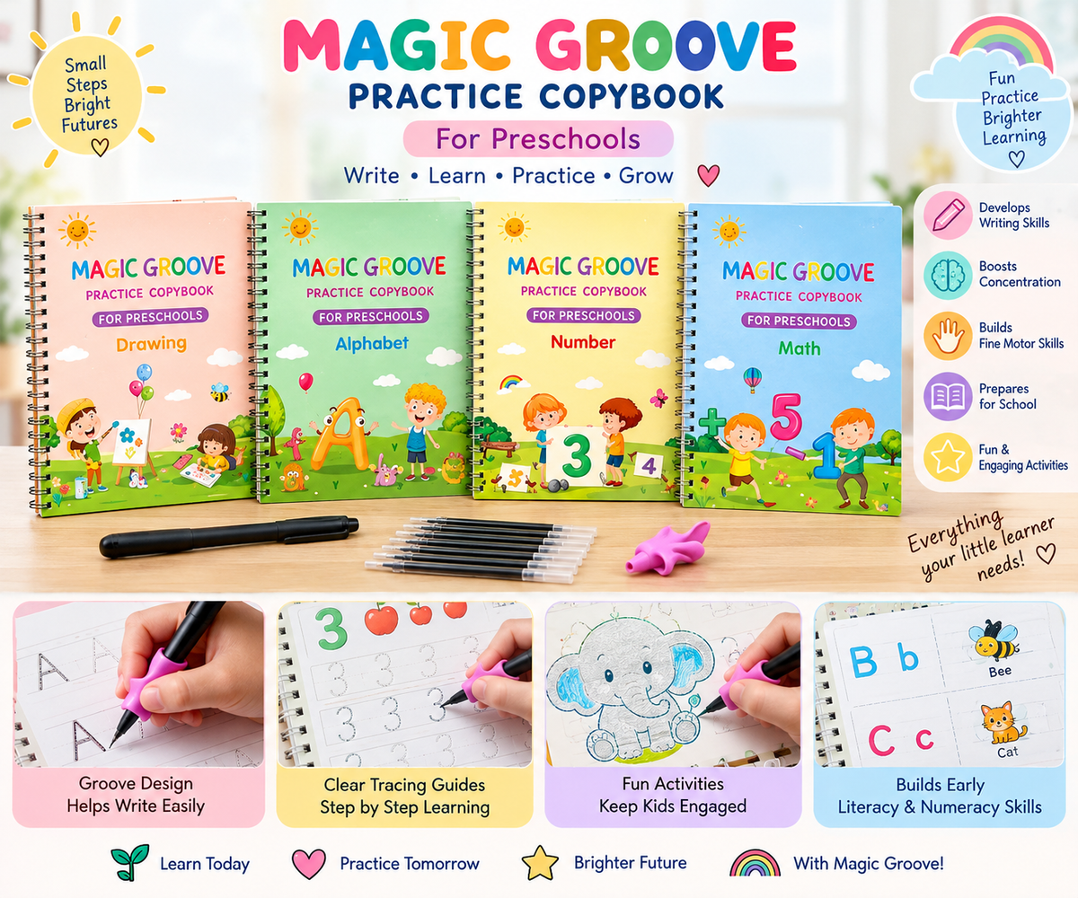 Magic Groove — 4-Piece Reusable Writing Practice book Set
