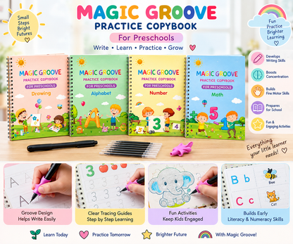 Magic Groove — 4-Piece Reusable Writing Practice book Set