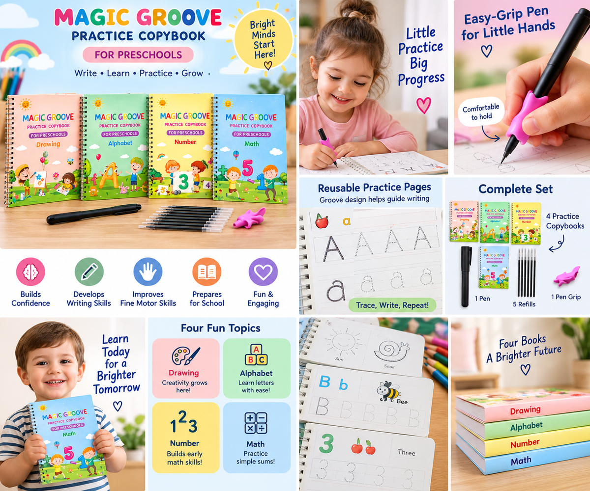 Magic Groove — 4-Piece Reusable Writing Practice book Set