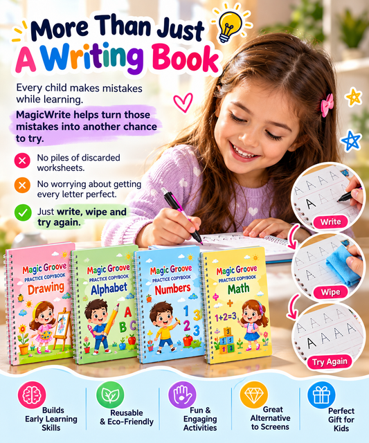Magic Groove — 4-Piece Reusable Writing Practice book Set